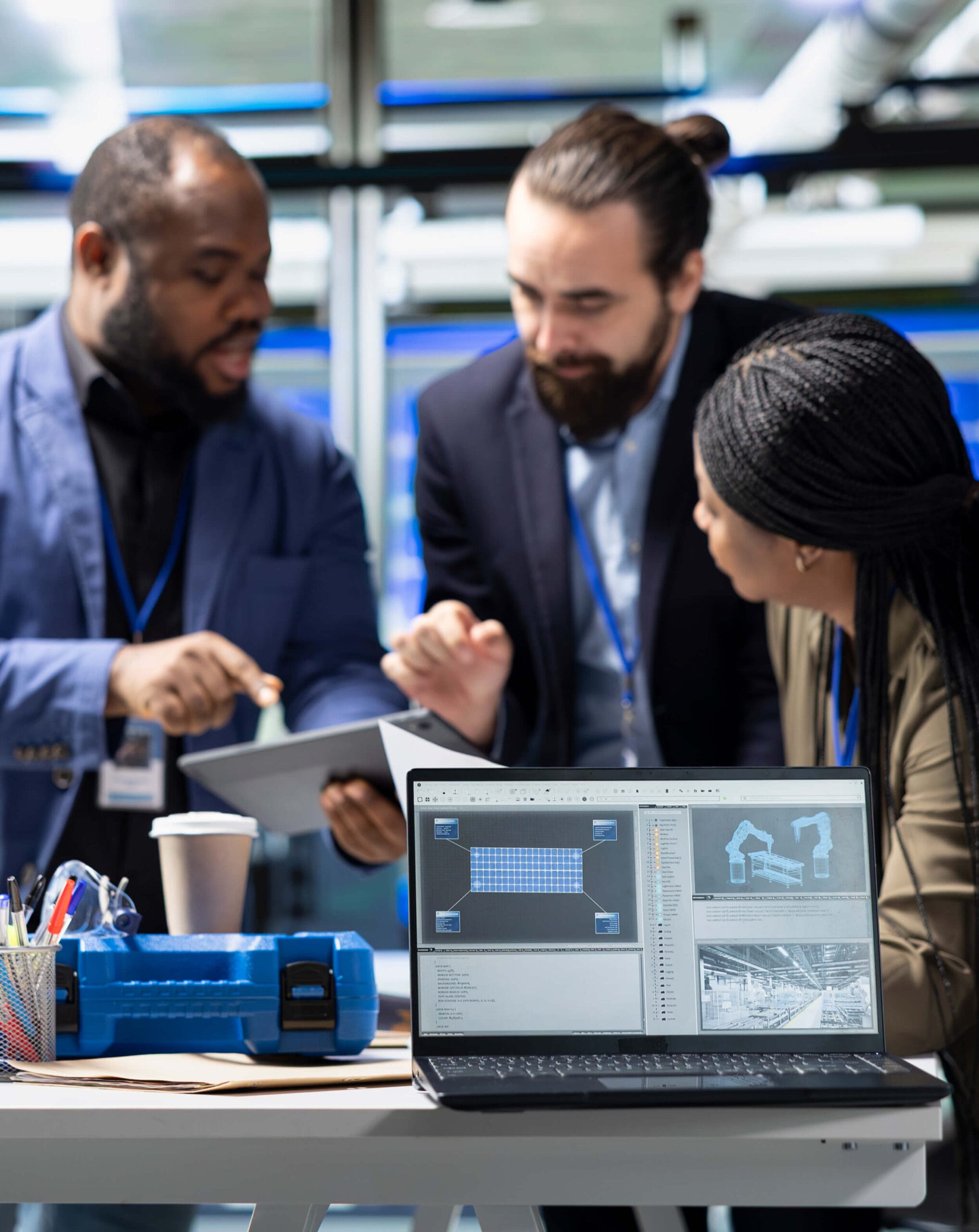 Diverse engineering team collaborating around simulation data on screen