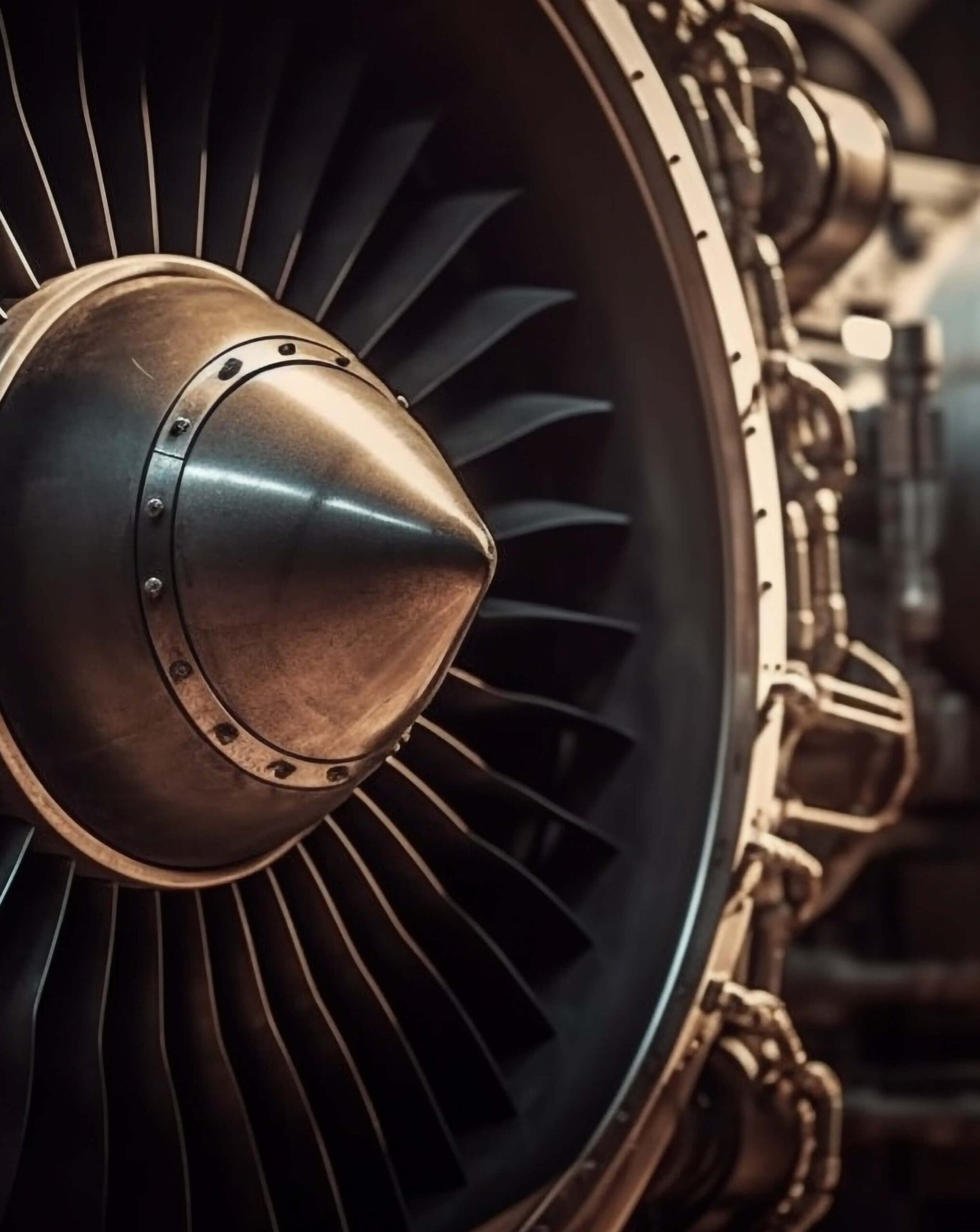 Close-up of jet engine turbine highlighting complex aerospace component