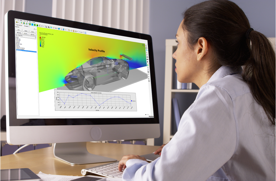 An engineer reviewing an interactive CFD velocity profile of a vehicle in a VCollab digital slide.